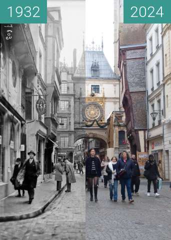 Before-and-after picture of Rue du Gros Horloge between 1932-Oct-27 and 11/2024
