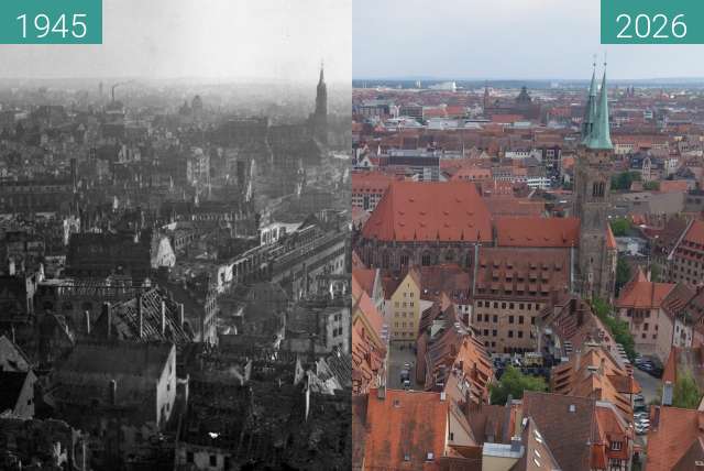 Image avant-après de La vieille ville de Sebald : pendant la Seconde Guerre Mondiale vs aujourd'hui entre 1945 et 07.2026
