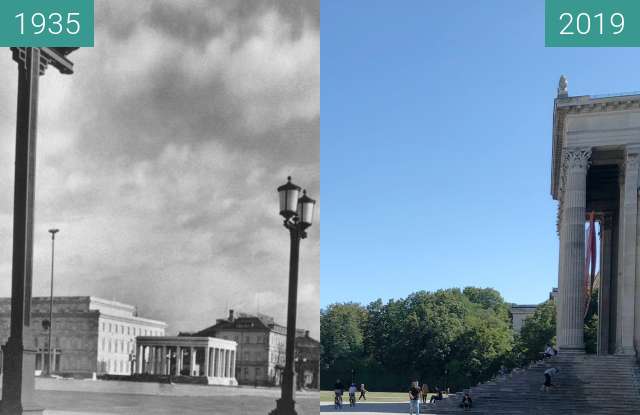 Vorher-Nachher-Bild von Königsplatz zur NS-Zeit zwischen 1935 und 04.09.2019