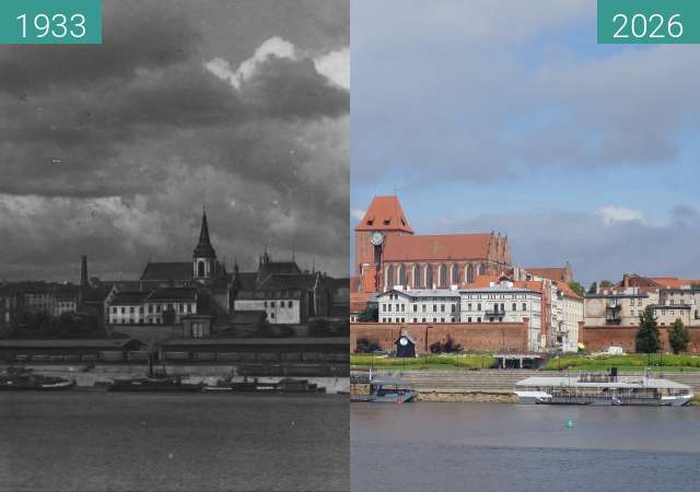 Before-and-after picture of Toruń, view from the banks of the Vistula River between 1933 and 07/2026