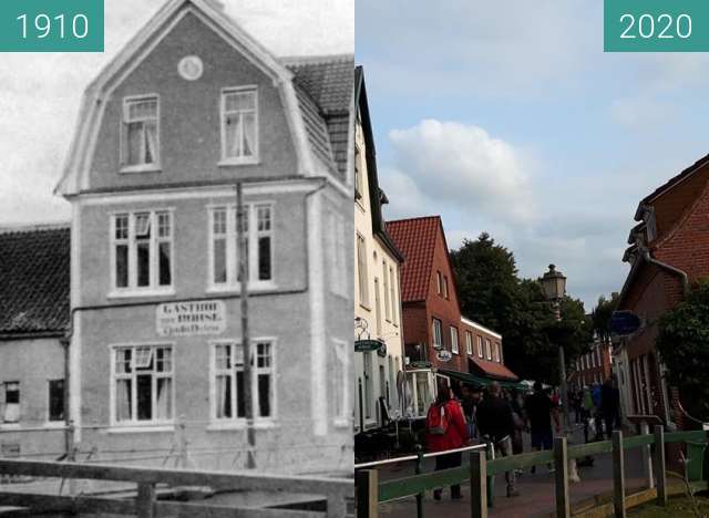 Before-and-after picture of Hotel Greetsieler Börse between 1910 and 2020-Sep-11