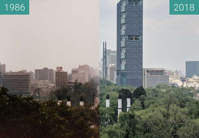 Before-and-after picture of Looking up Paseo de la Reforma from Chapultepec Ca between 06/1986 and 2018-Jun-26
