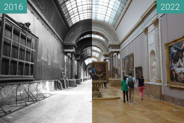 Before-and-after picture of Grande Galerie du Louvre between 1918 and 05/2022