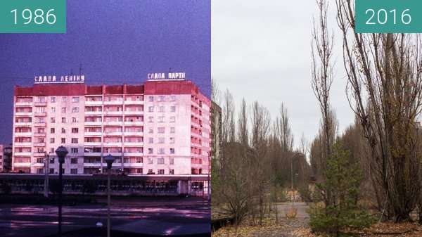 Before-and-after picture of Pripyat, Rajon Tschornobyl, Ukraine between 1986 and 2016