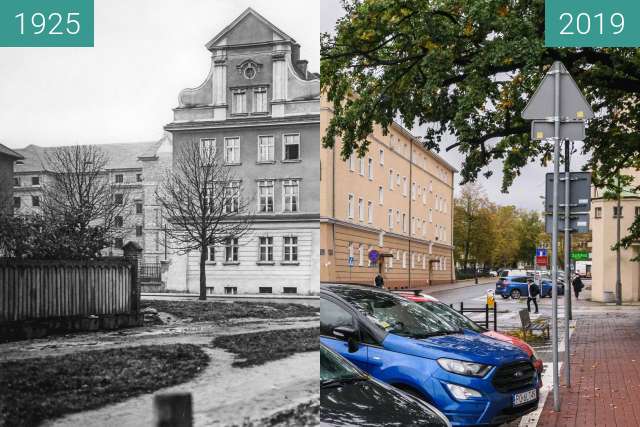 Before-and-after picture of Ulica Nowowiejskiego between 1925 and 2019