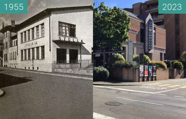 Before-and-after picture of Incrocio via G. Bagutti e via R. Simen - Lugano between 1955 and 2023
