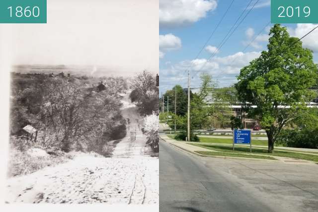Before-and-after picture of 9th and Avalon "KU Rephotography" between 1860 and 2019-May-06