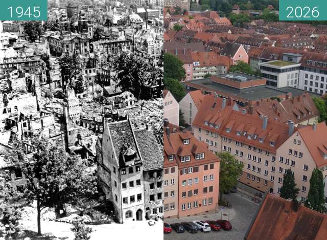 Before-and-after picture of Neighborhood around Burgstraße between 1945 and 07/2026