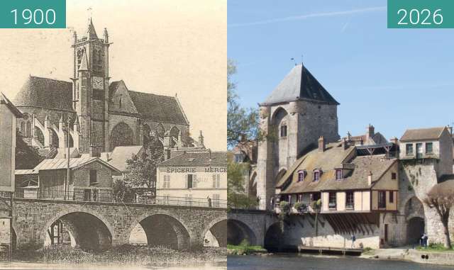 Before-and-after picture of Moret-sur-Loing between 1900 and 04/2026