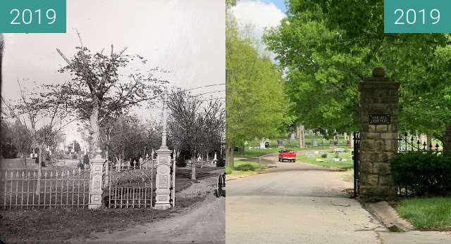 Before-and-after picture of Oak Hill Cemetery, Lawrence, KS. KU Rephotography. between 2019-Apr-30 and 2019-May-06