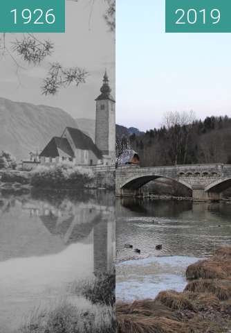 Before-and-after picture of Ribčev Laz at Bohinjsko Jezero, Slovenia, 1926 between 1926 and 2019-Jan-02