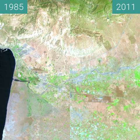 Before-and-after picture of Urban growth in southwestern Morocco between 1985-Jul-02 and 2011-Jun-24