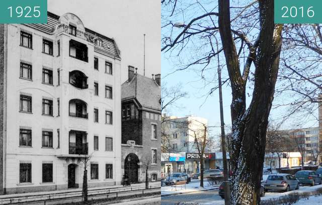 Before-and-after picture of Hohenzollernstrasse (Aleja Wolności) between 1925 and 2016