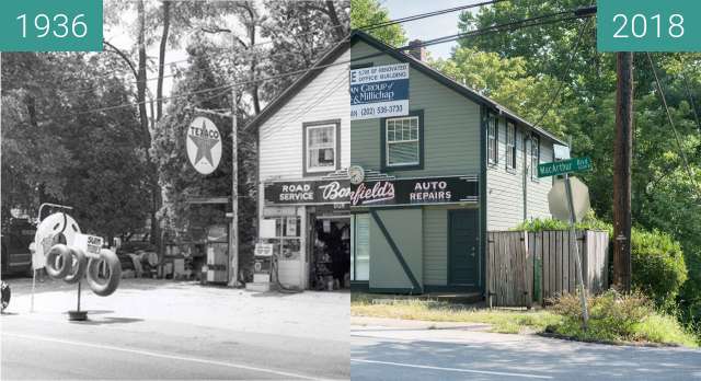 Before-and-after picture of Bonfield's Garage between 1936 and 2018-Jul-29