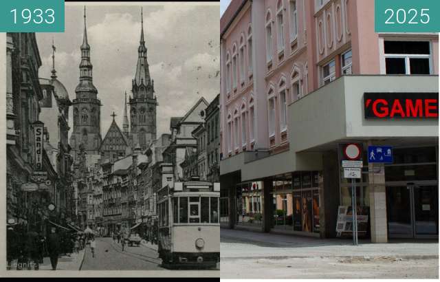 Before-and-after picture of Legnica between 1933 and 2025