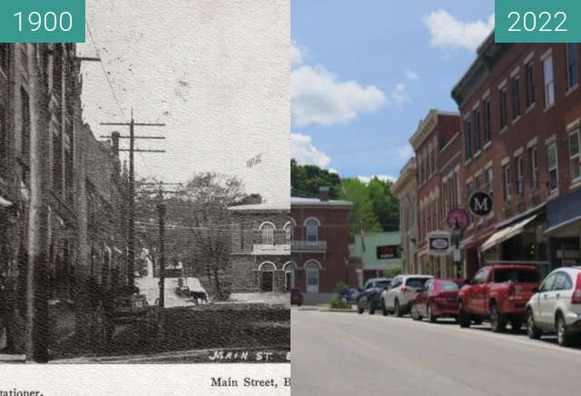 Image avant-après de Looking up Main Street, Belfast, Maine entre 1900 et 2022