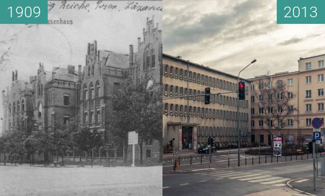 Before-and-after picture of Szpital Diakonisek, Libelta/Kościuszki between 1909 and 2013