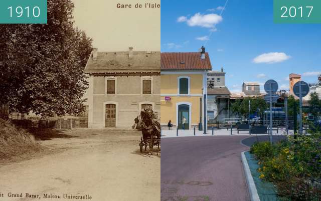Before-and-after picture of Train Station in L'Isle Jourdain between 1910 and 2017-Jun-07