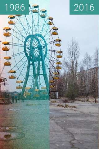 Before-and-after picture of Pripyat, Rajon Tschornobyl, Ukraine between 1986 and 2016
