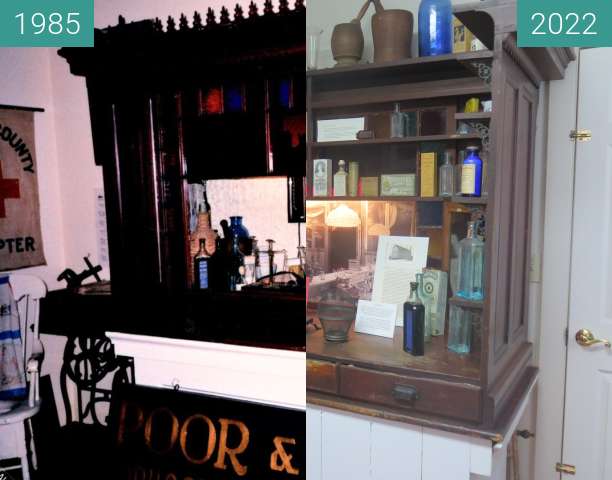 Image avant-après de The Poor's Drug Store Apothecary Bench, Belfast Ma entre 1985 et 2022