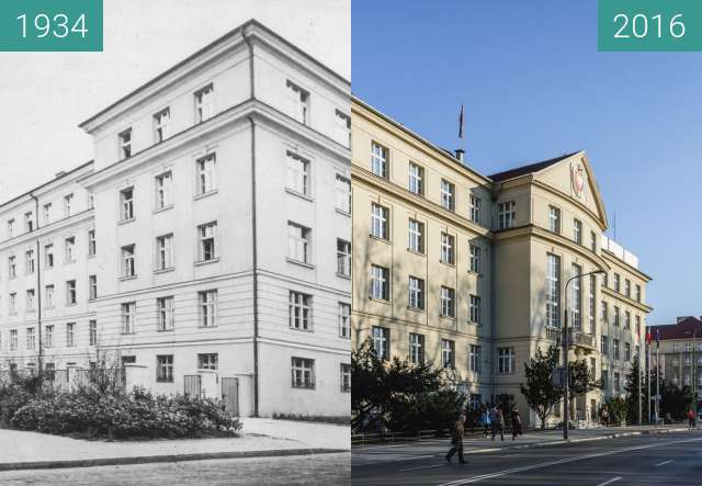 Before-and-after picture of Aleja Niepodległości, obecny Urząd Wojewódzki between 1934 and 2016