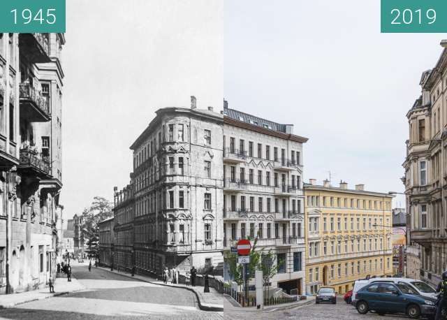 Before-and-after picture of Ulice Krysiewicza/Ogrodowa, kamienica "Żelazko" between 1945 and 2019