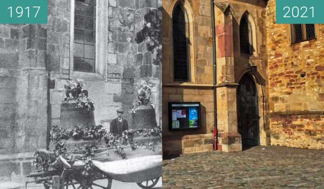 Before-and-after picture of Bad Dürkheim; Schlosskirche between 1917-Aug-01 and 10/2021