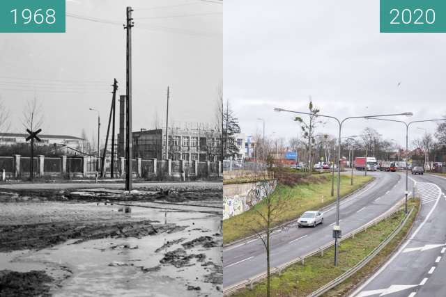Before-and-after picture of Ulice Dąbrowskiego/Lutycka between 1968 and 2020-Feb-03