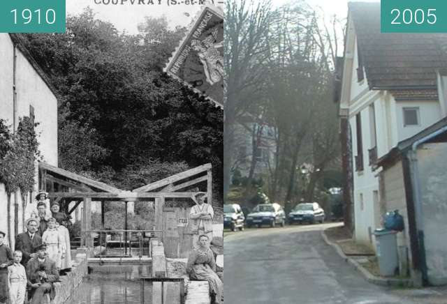 Before-and-after picture of Coupvray: rue du Moulin between 1910 and 2005-Jan-13