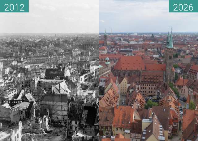 Image avant-après de La vieille ville de Sebald : après la Seconde Guerre Mondiale vs aujourd'hui entre 1945 et 07.2026