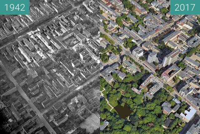 Before-and-after picture of Part of Lodz city centre  between 1942 and 2017