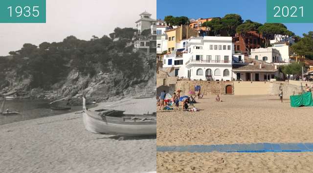 Before-and-after picture of Plage de LLafranc - El rincon de Garbí - Catalogne between 1935 and 2021-Aug-07