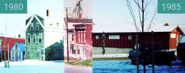 Before-and-after picture of Main and Federal Streets, Belfast, Maine between 1980 and 1985