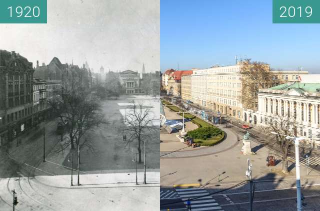 Before-and-after picture of Plac Wolności z hotelu Bazar between 1920 and 2019-Feb-16