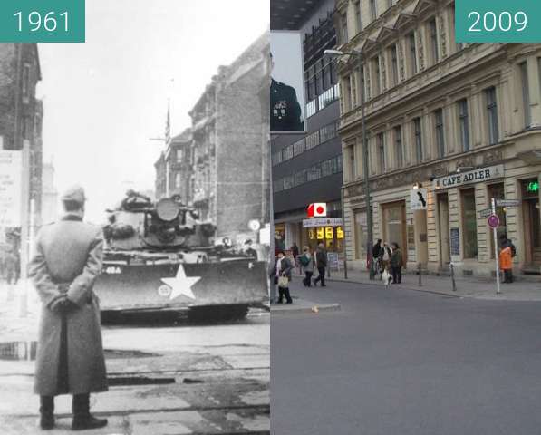 Vorher-Nachher-Bild von Checkpoint Charlie 1961/ 2009 zwischen 1961 und 2009