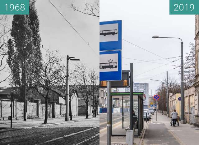 Before-and-after picture of Ulica Zwierzyniecka between 1968 and 2019-Mar-07