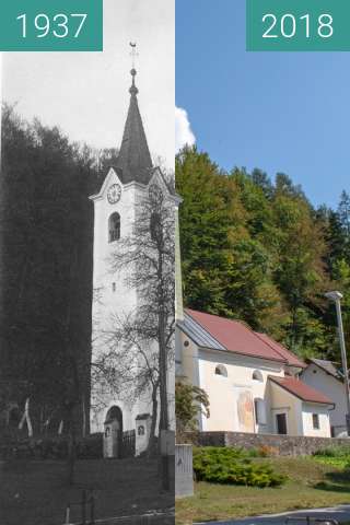 Before-and-after picture of St Michael's Church, Duplje between 1937 and 2018-Aug-16