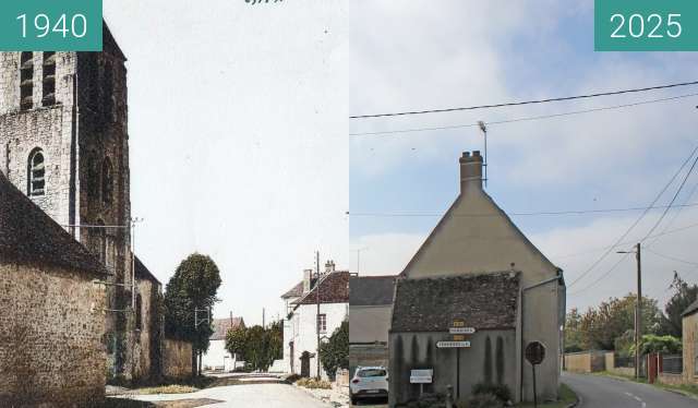 Image avant-après de vue de l'entrée de Bransles depuis Egreville entre 1940 et 12/10/2025