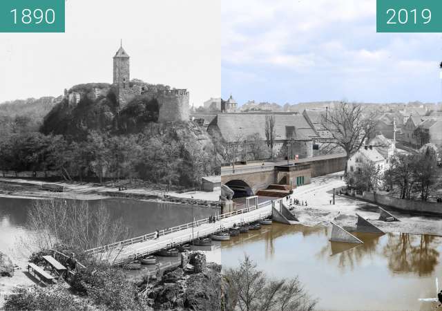 Before-and-after picture of Burg Giebichenstein between 1890 and 2019