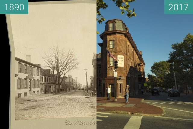 Before-and-after picture of The Maryland Hotel to the Maryland Inn between 1890 and 2017-Oct-03
