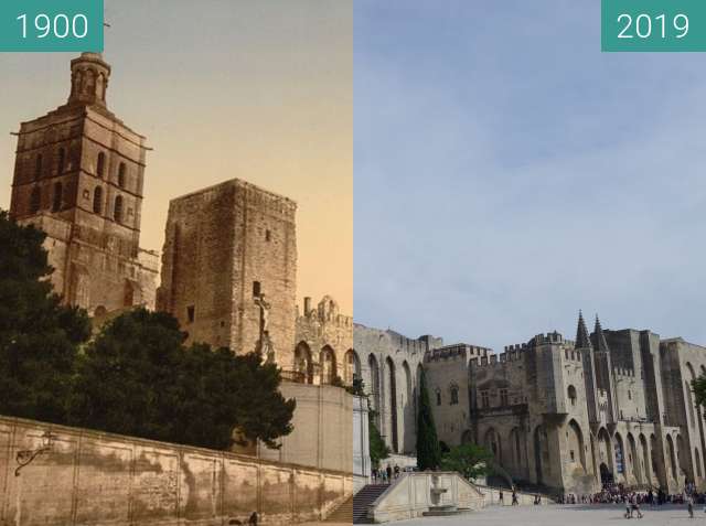 Before-and-after picture of Palais des Papes between 1900 and 2019-Aug-12