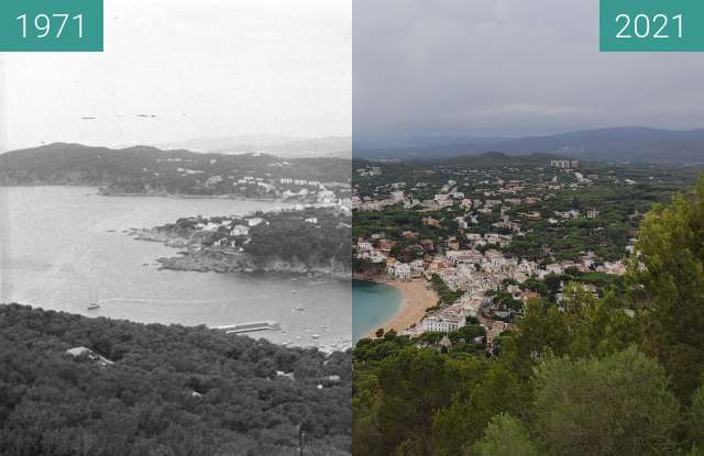 Before-and-after picture of Llafranc et Calella vu du far de Sant Sebastià between 1971-Jun-27 and 2021-Aug-04