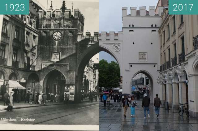 Before-and-after picture of Karlstor in München (1) between 1923 and 2017-Sep-03