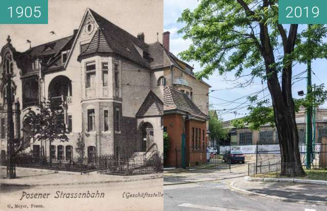 Before-and-after picture of Ulica Gajowa, zajezdnia tramwajowa between 1905 and 2019