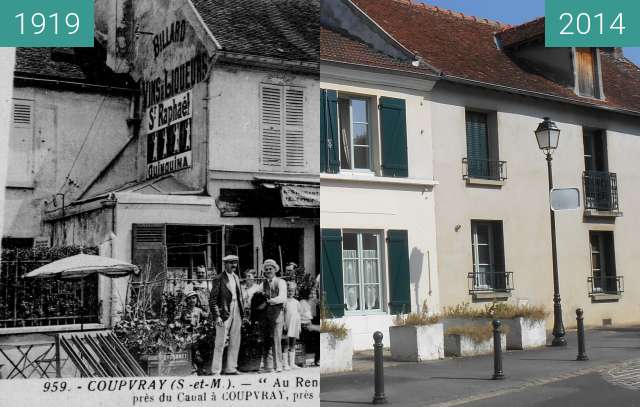 Before-and-after picture of Auberge des pêcheyrs between 1919-Jan-27 and 2014-Sep-10