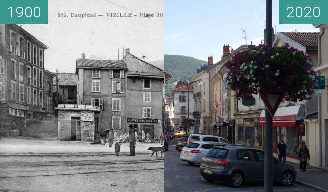 Before-and-after picture of Place du Chateau between 1900 and 08/2020