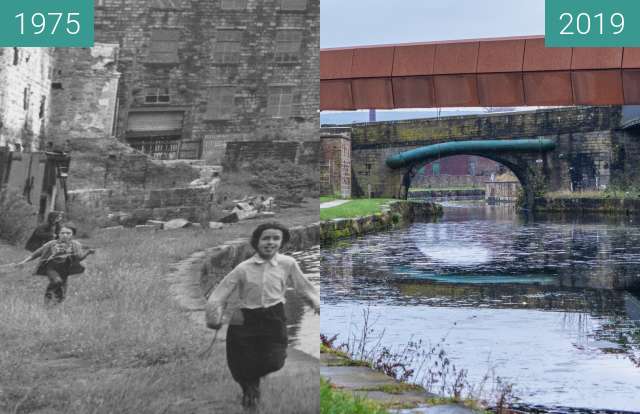 Before-and-after picture of Sandygate bridge in Burnley, Lancashire between 1975 and 2019-Dec-02