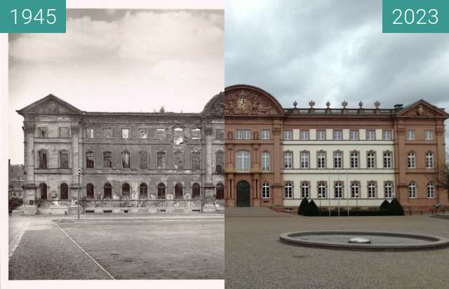 Before-and-after picture of Herzogsschloss Zweibrücken between 1945 and 2023-Feb-19
