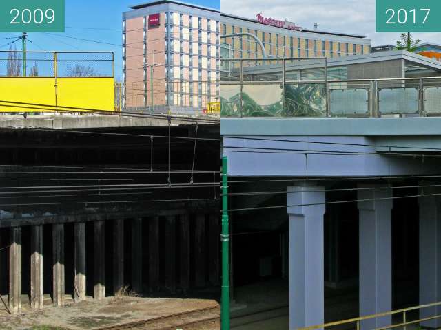 Before-and-after picture of Rondo Kaponiera. Hotel Mercure. Poznań. between 2009 and 2017