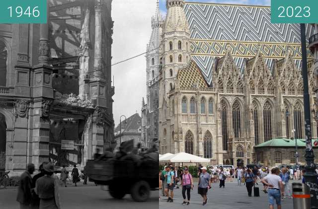 Before-and-after picture of St. Stephen's Cathedral, Vienna between 1946 and 08/2023
